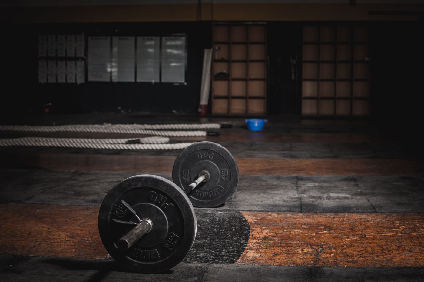 Loaded dumbbells and barbells on a dark training floor